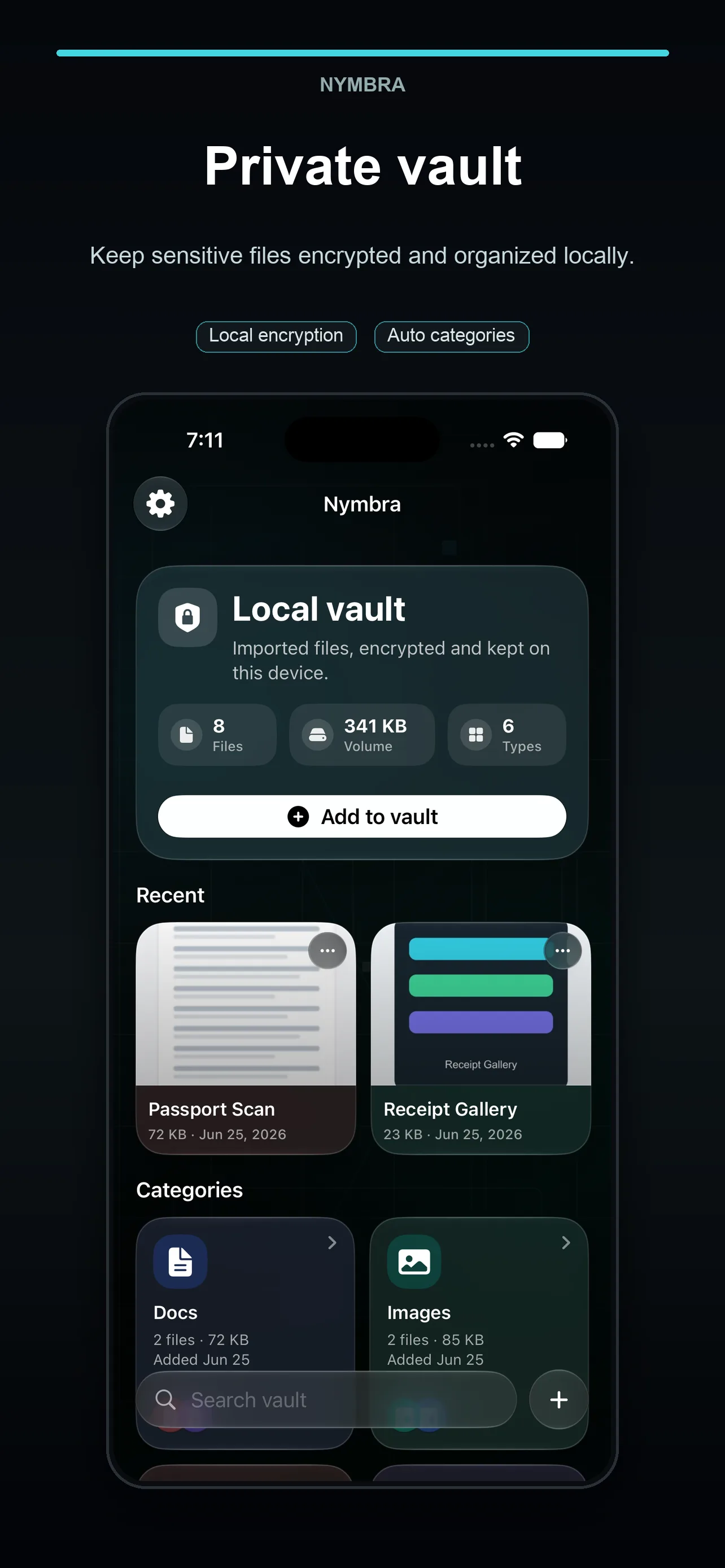 Nymbra vault home screen on iPhone