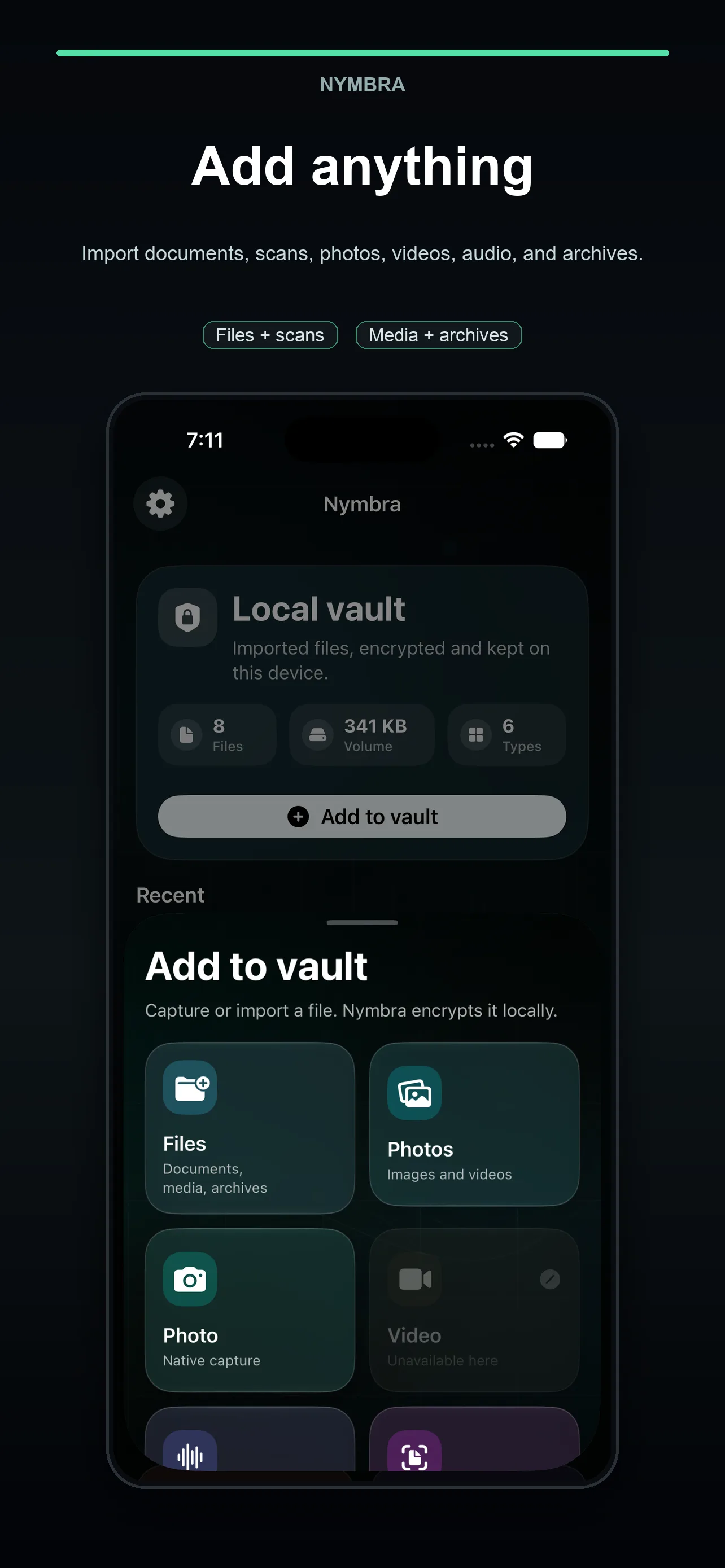 Nymbra import view for adding files to the vault
