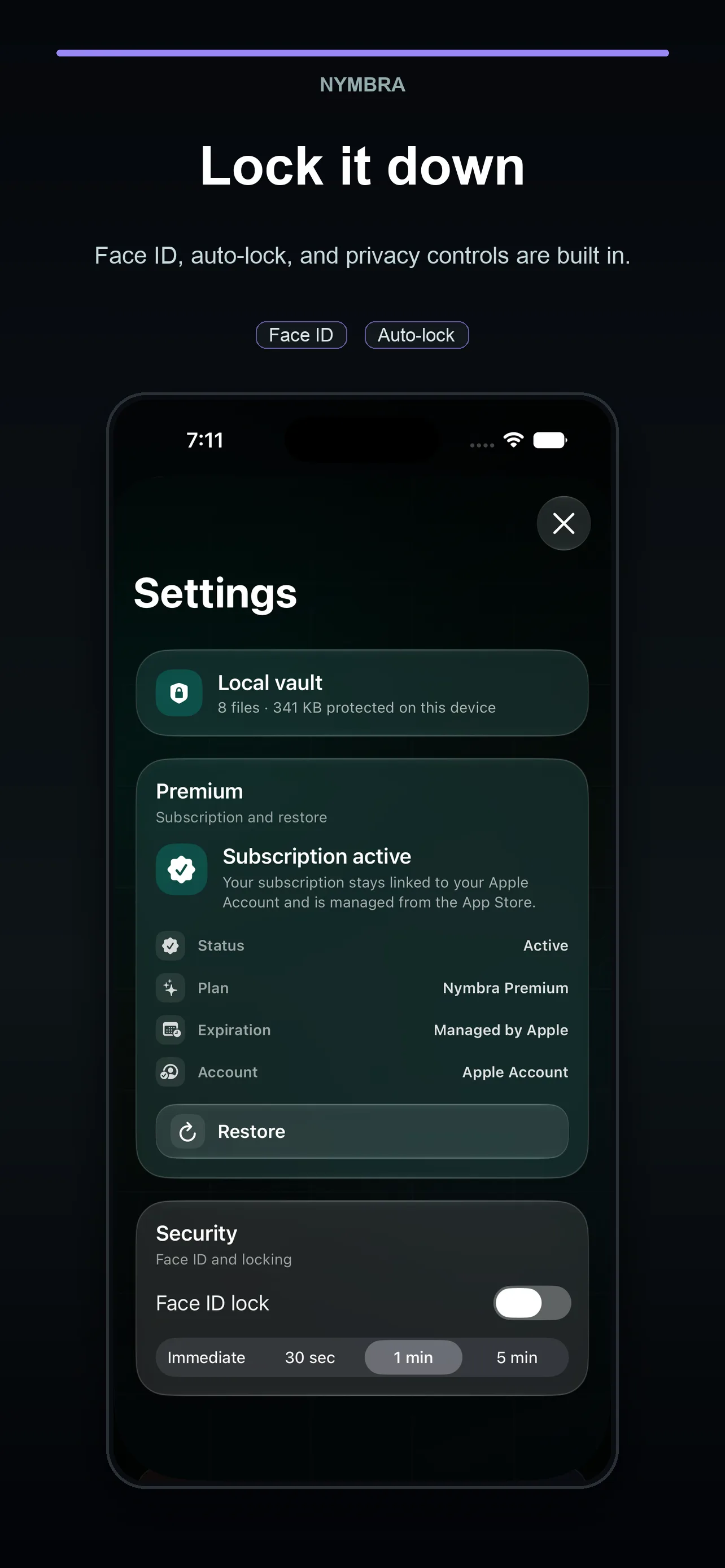 Nymbra settings view with Face ID and auto-lock controls
