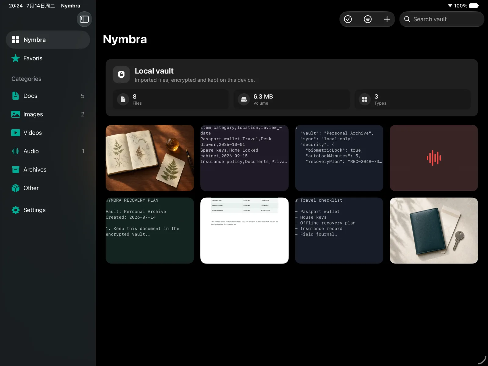 Nymbra for iPad showing the vault gallery with a native sidebar