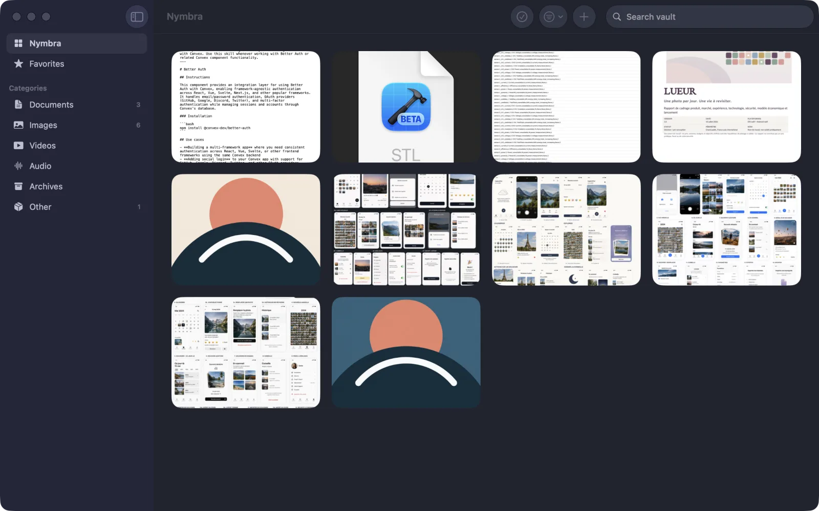 Nymbra for Mac showing the vault gallery in a native macOS window